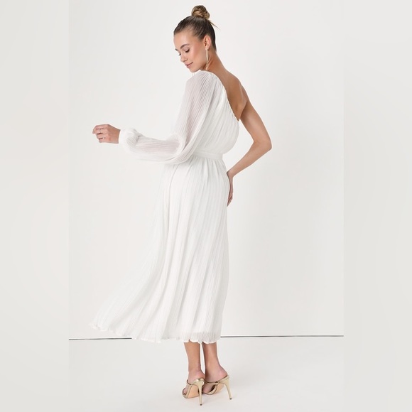Lulus Always Loving You White Pleated One Shoulder Midi Dress Size L - Picture 9 of 9